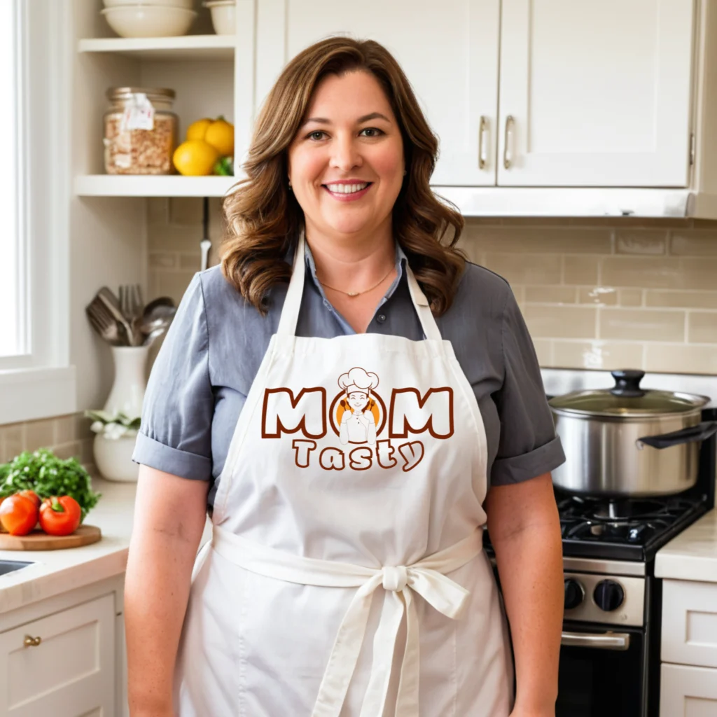 Sarah, the creator of the food blog Mom Tasty, stands in her bright kitchen, smiling warmly. She wears a gray shirt and a white apron featuring the Mom Tasty logo, a cartoon chef holding a fork and spoon. Fresh ingredients and cooking equipment are visible in the background, suggesting she's about to create a delicious mea