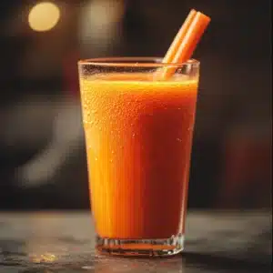 Close-up of a refreshing glass of fresh carrot juice with a straw.