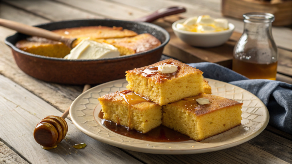 A beautifully plated cornbread dish with a golden crust, served on a white plate.