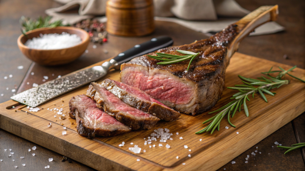 Perfectly cooked tomahawk steak on a wooden cutting board