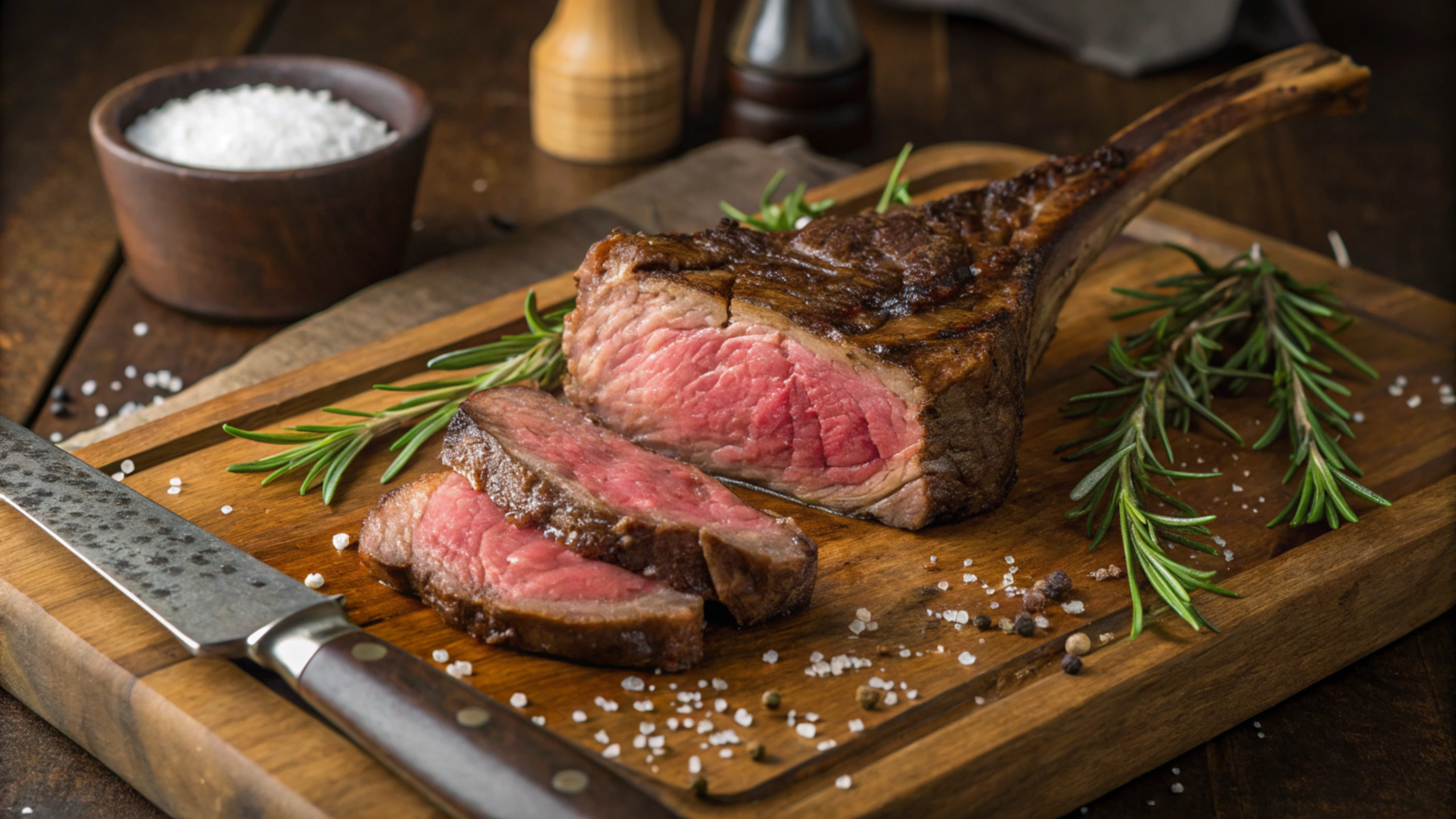 Perfectly cooked tomahawk steak on a wooden cutting board