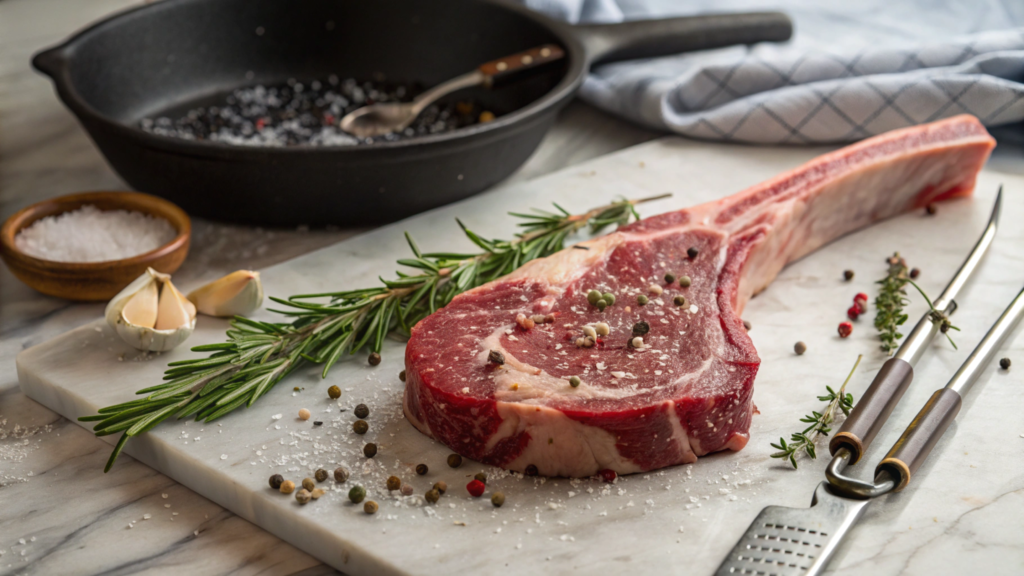 Raw tomahawk steak seasoned with salt, pepper, and herbs