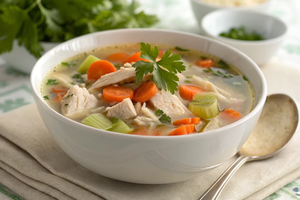 Weight Watchers chicken soup with fresh vegetables.