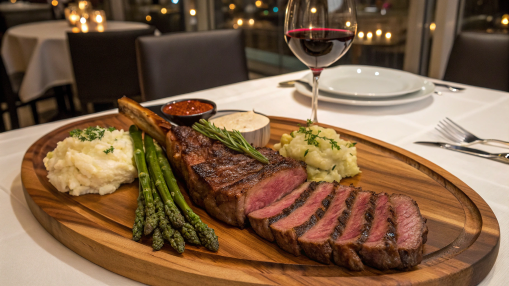 Sliced tomahawk steak served with mashed potatoes and asparagus