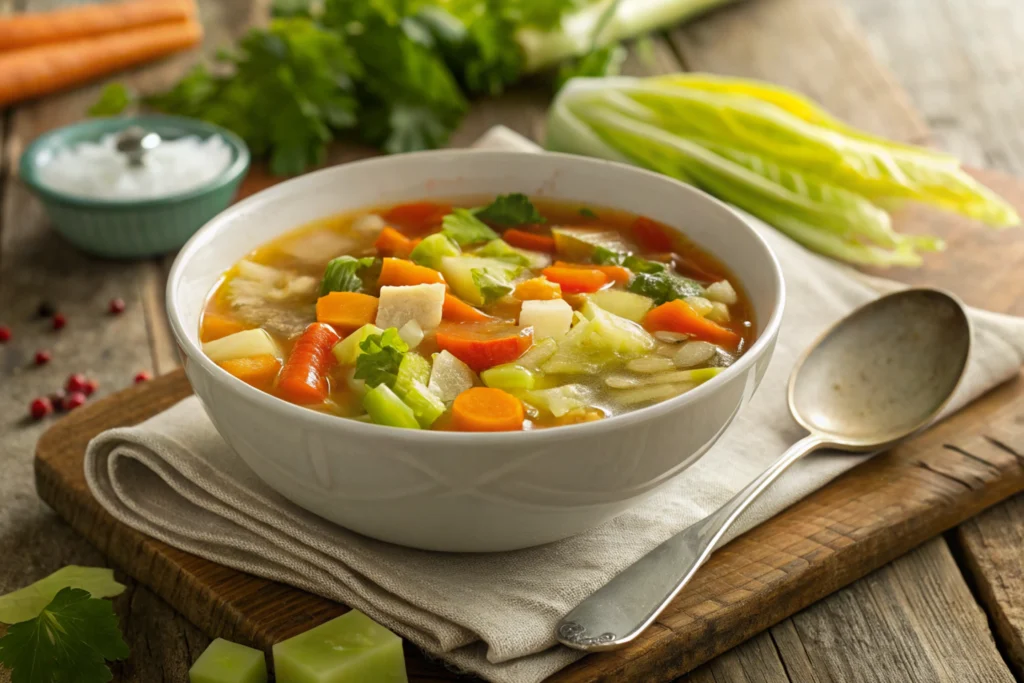 Bowl of Weight Watchers cabbage soup with vegetables.