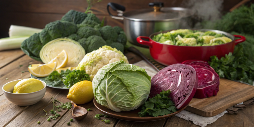 A vibrant close-up shot of a variety of colorful cabbages (green, red, savoy) arranged artfully on a rustic wooden table, with some cut open to reveal their texture and surrounded by other healthy ingredients like fresh herbs, lemon wedges, and a steaming pot in the background.