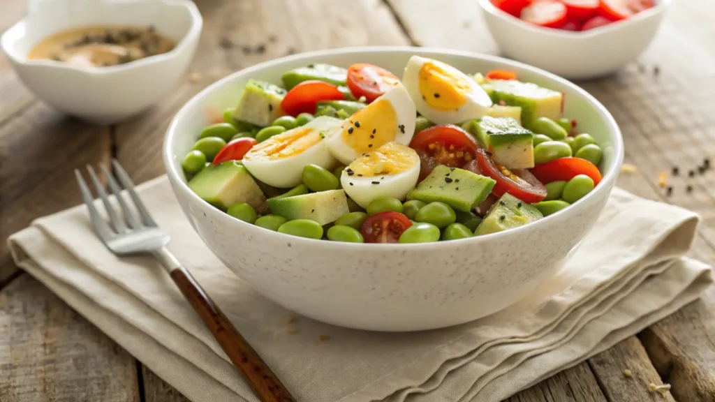 Three variations of edamame egg recipes salad served in bowls with different garnishes.