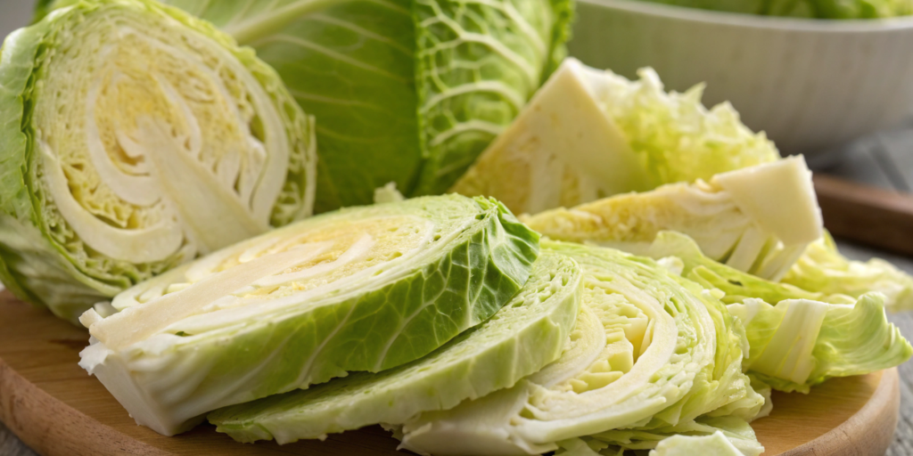 Chopped fresh green cabbage on a wooden cutting board.