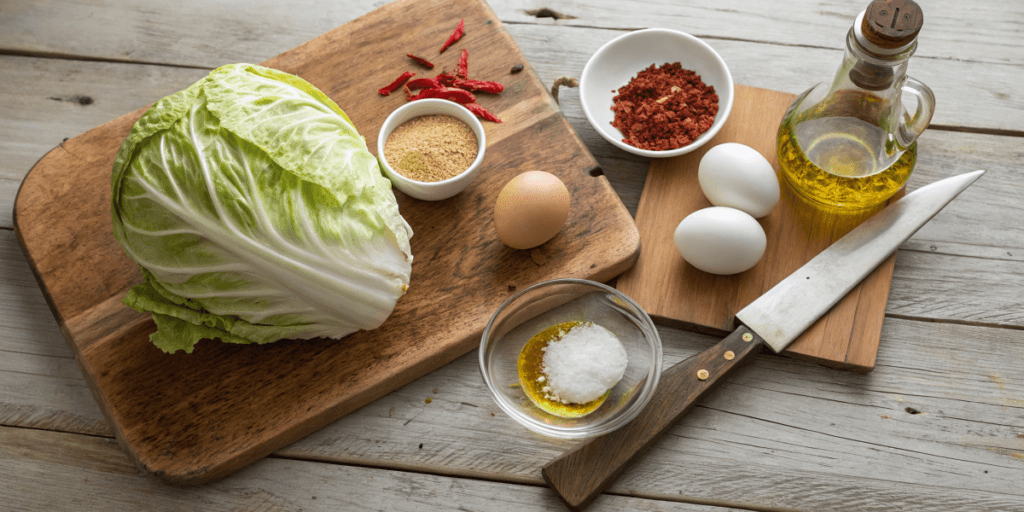 A flat lay of ingredients for Cabbage and Egg on a rustic wooden table: a head of Napa cabbage, eggs, cooking oil, dried chili peppers, spices, salt, and a knife