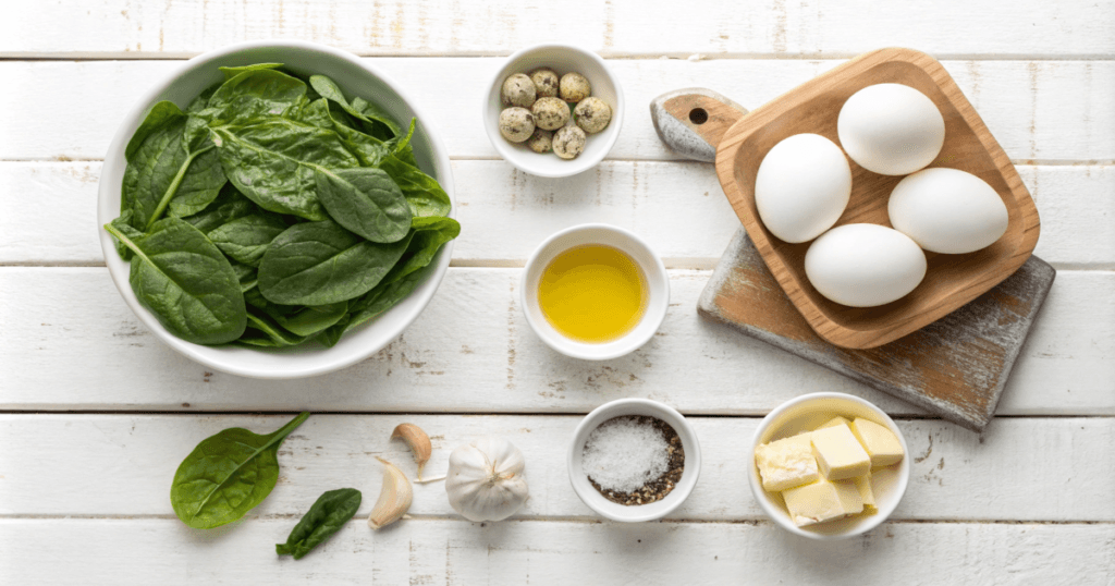 A flat lay or overhead view of ingredients for a spinach dish arranged on a white wooden table. The components include fresh spinach in a bowl, four whole eggs on a wooden tray, quail eggs in a small bowl, olive oil, minced garlic, salt and pepper, and butter. The image showcases the simple, fresh ingredients required for the recipe.