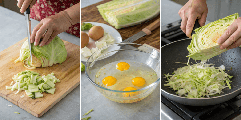 A collage depicting the stages of preparing Cabbage and Egg: hands slicing fresh green cabbage on a wooden cutting board, whisking four eggs in a glass bowl, and adding shredded cabbage to a non-stick skillet for stir-frying.