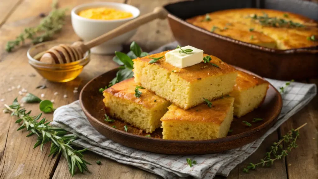 golden-cornbread-slices-with-butter-honey-and-herbs-on-a-wooden-table-with-a-baking-dish-in-the-background