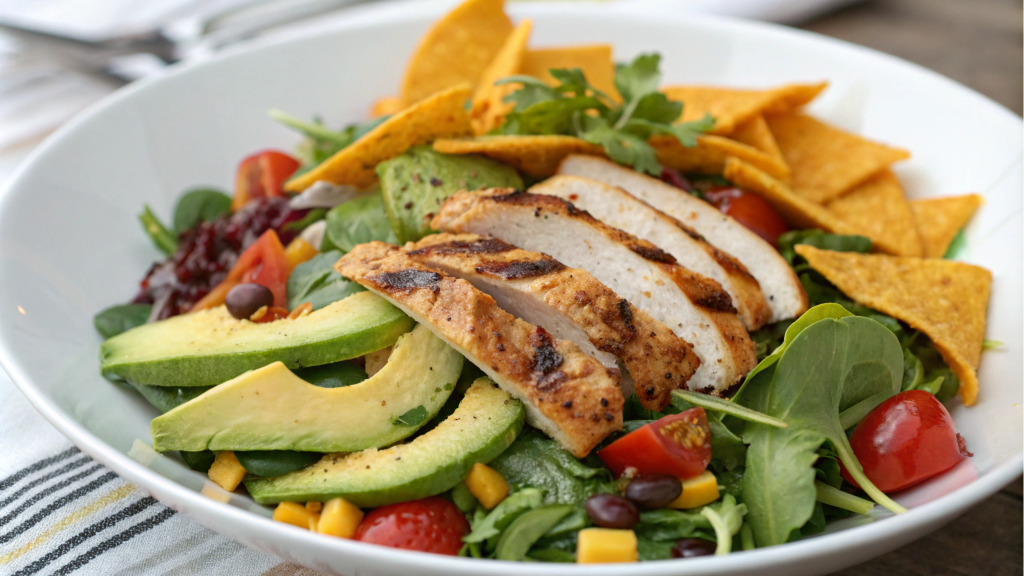 Southwest Chicken Salad beautifully plated with vibrant colors, fresh greens, grilled chicken, avocado, and crispy tortilla strips, perfect for a food blog post