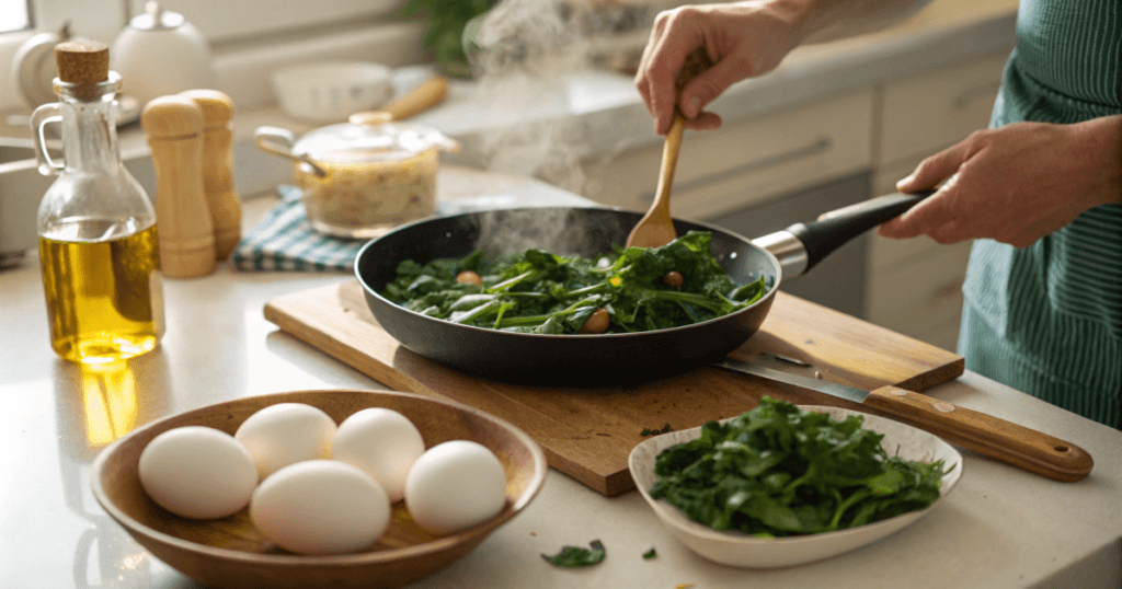 Hands sautéing spinach and pine nuts in a skillet on a wooden cutting board. Fresh eggs sit in a bowl nearby, along with olive oil, salt, and pepper shakers. A pot simmers on the stove in the background. The scene suggests someone is preparing a spinach and egg dish in a bright, homey kitchen.
