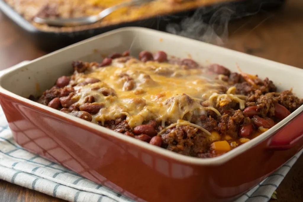 Baked beans with ground beef in a baking dish topped with melted cheese.