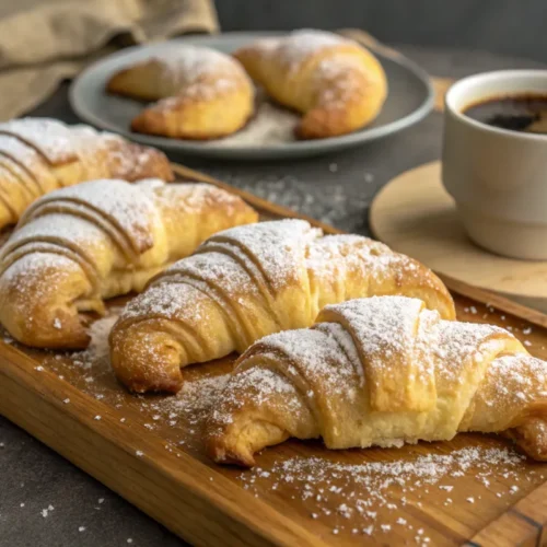 Golden-brown Gipfeli on a wooden board with powdered sugar.