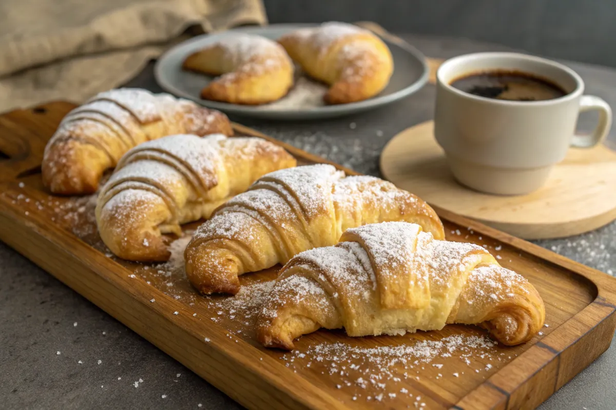 Golden-brown Gipfeli on a wooden board with powdered sugar.