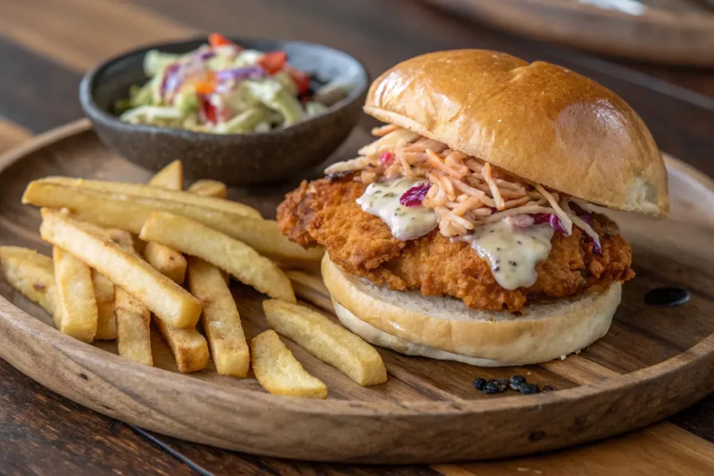 Chicken cutlet sandwich with fries and coleslaw