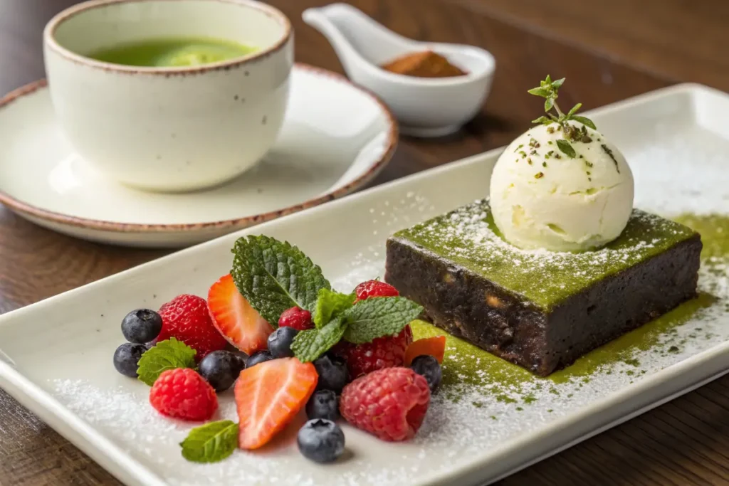 Matcha brownies served with berries, ice cream, and green tea.