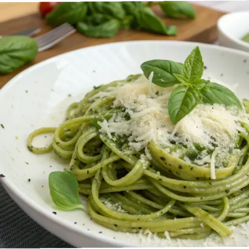 A dish of green spaghetti topped with Parmesan cheese and fresh basil.