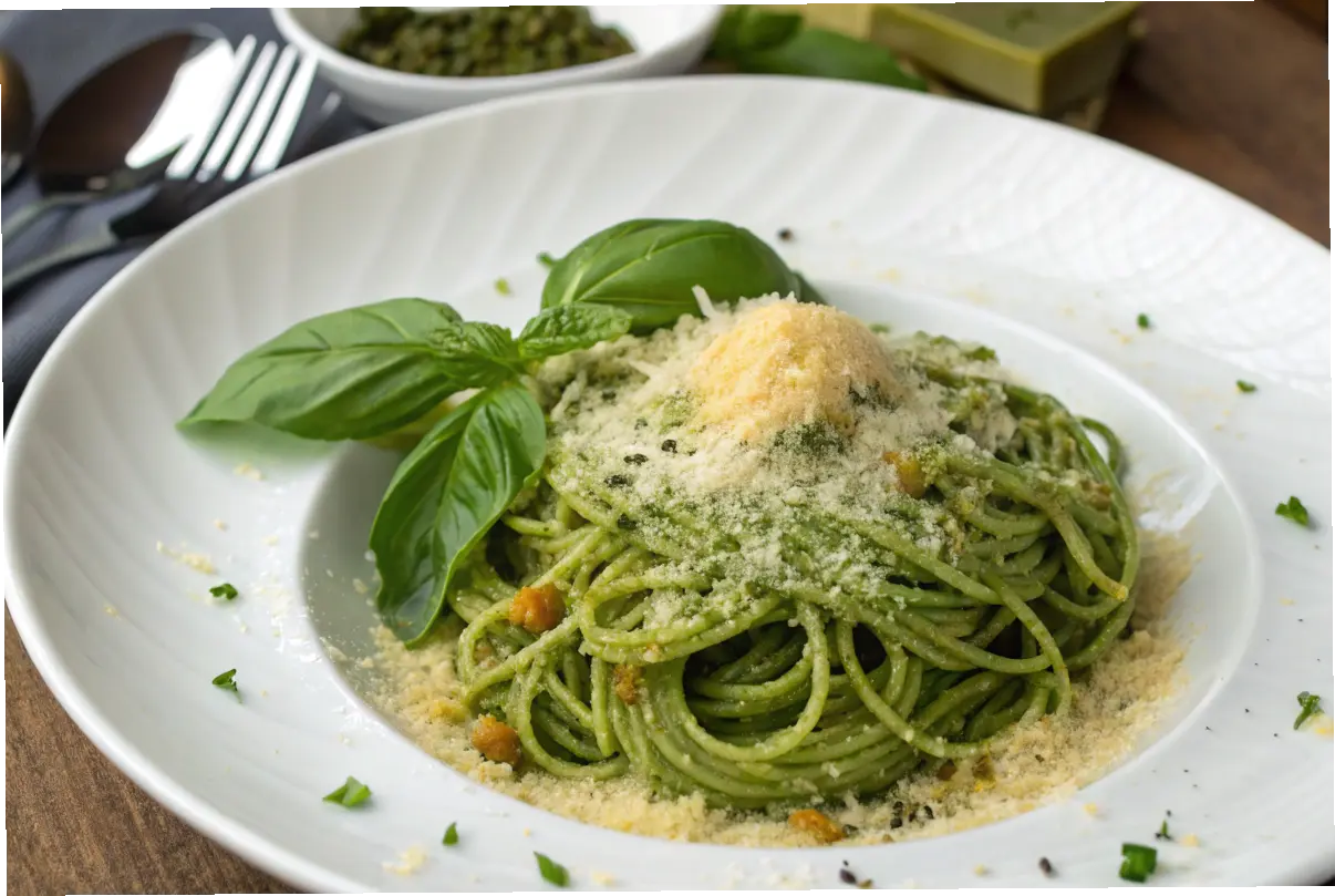 A plate of green spaghetti garnished with Parmesan and basil.