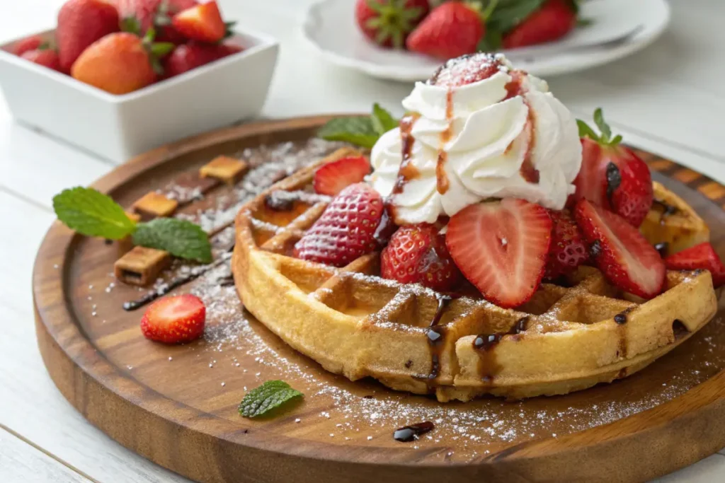 Strawberry waffles with whipped cream and syrup