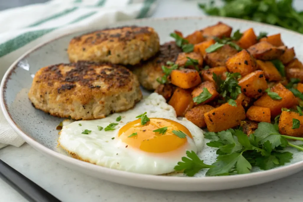 Breakfast ground chicken patties with roasted sweet potatoes.