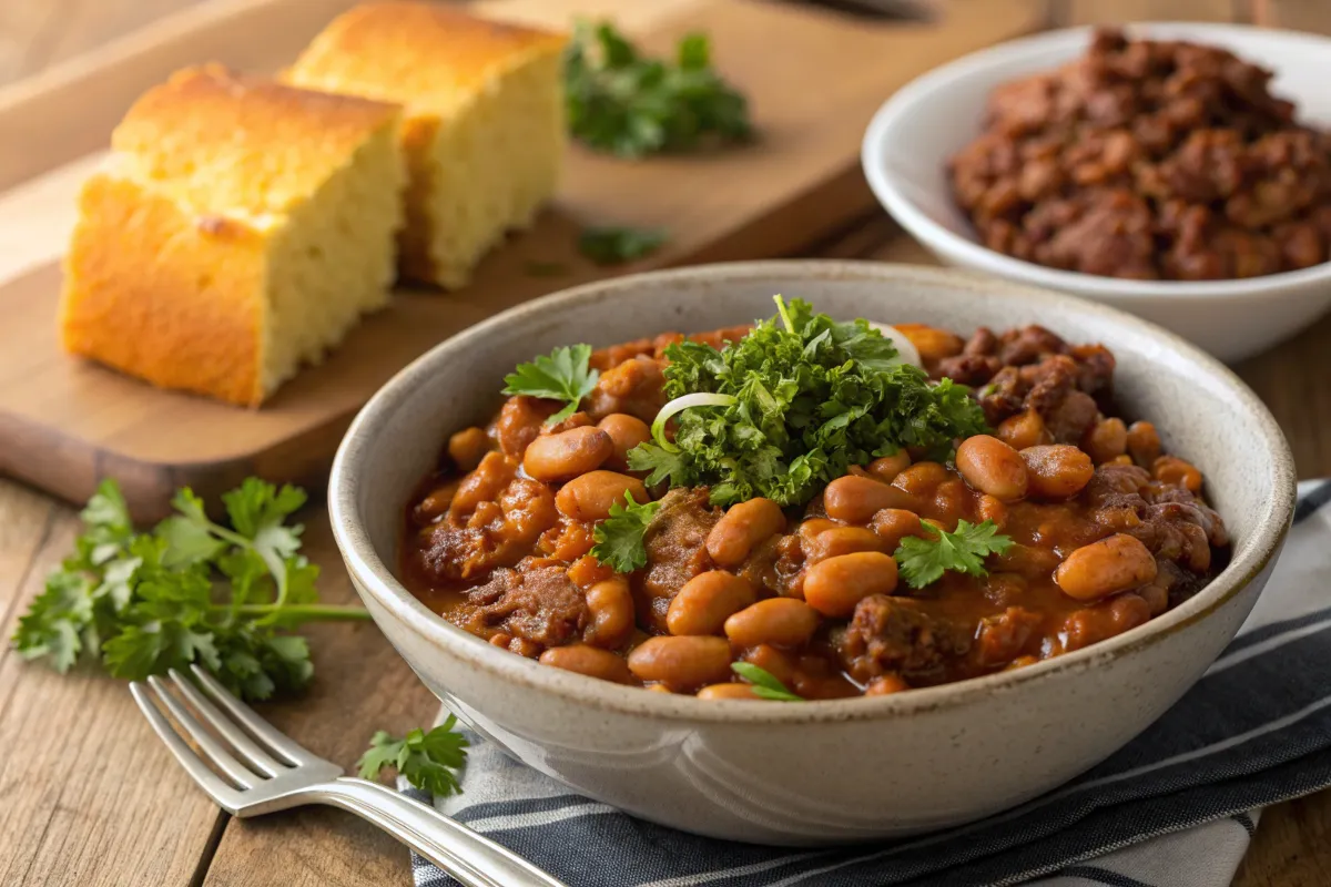 Bowl of baked beans with ground beef served with cornbread.