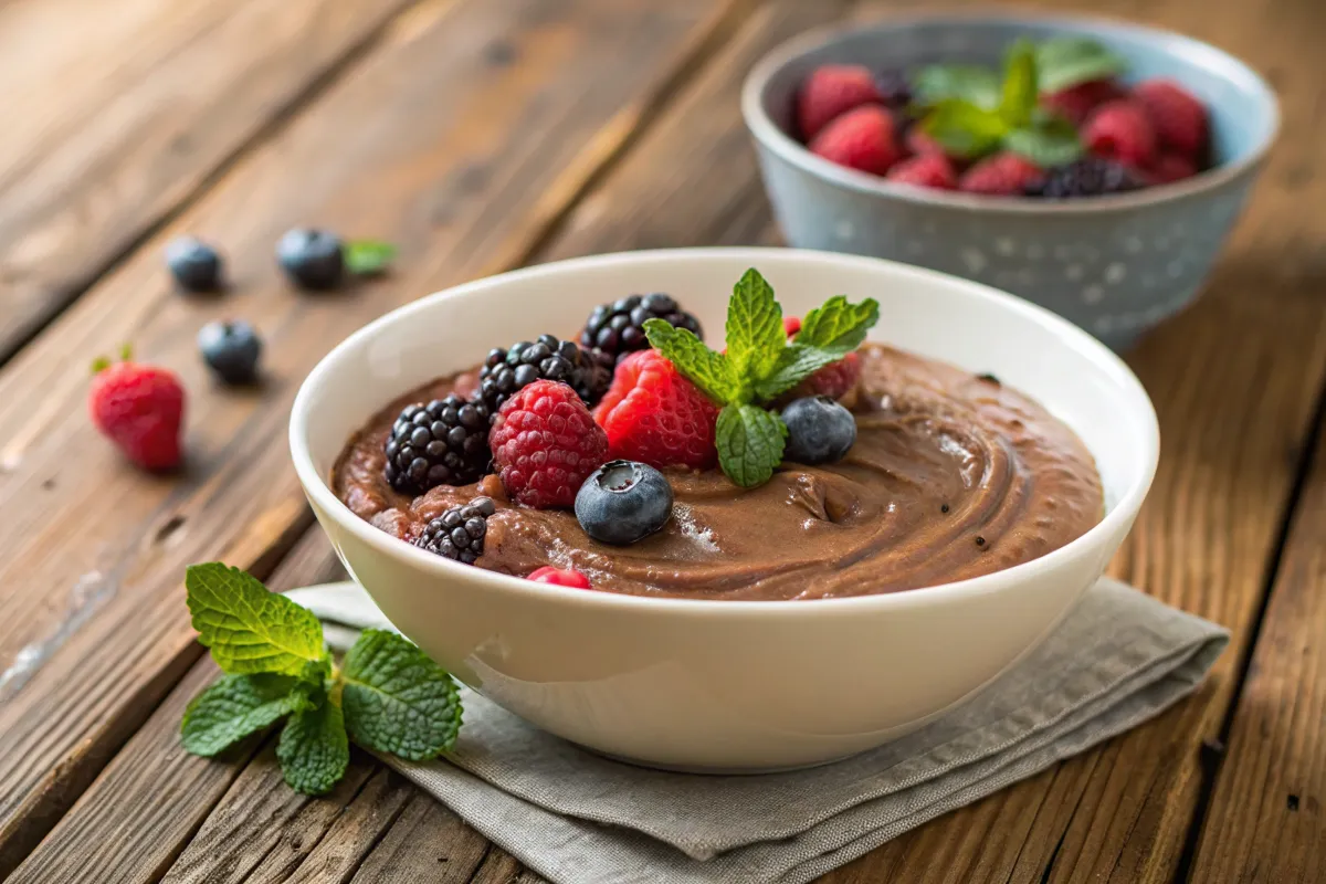 Chocolate protein pudding with fresh berries and mint.