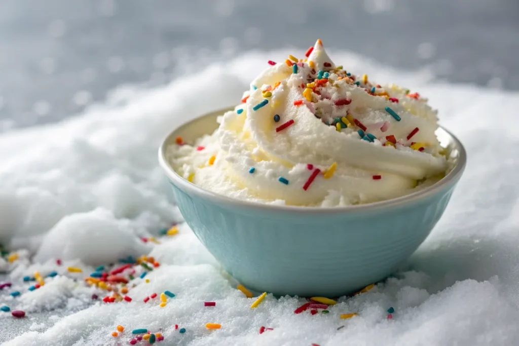 A bowl of homemade vanilla dream snow cream with sprinkles, ready to eat.