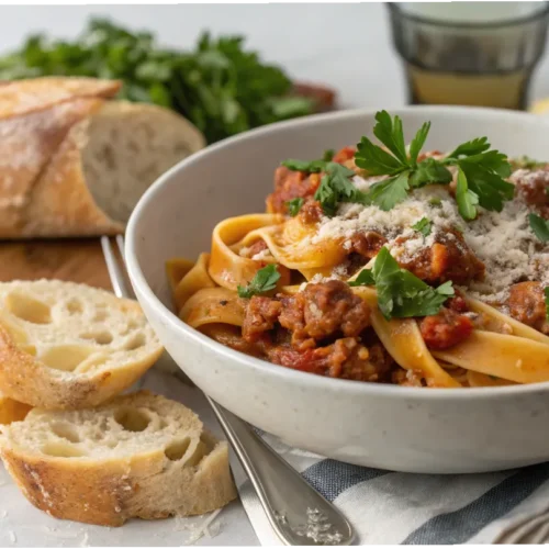 A bowl of pasta with a rich tomato-based ground turkey sauce, garnished with fresh parsley and parmesan cheese, served with slices of crusty bread on a wooden board.