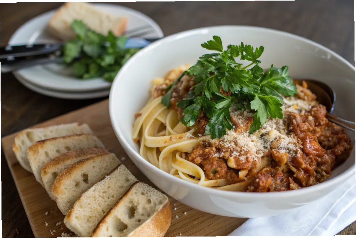 Bowl of ground turkey pasta with parsley and Parmesan.