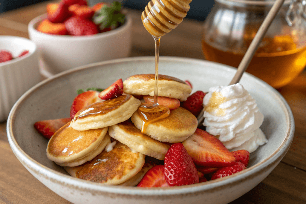 Mini pancakes in a bowl with honey, strawberries, and whipped cream.