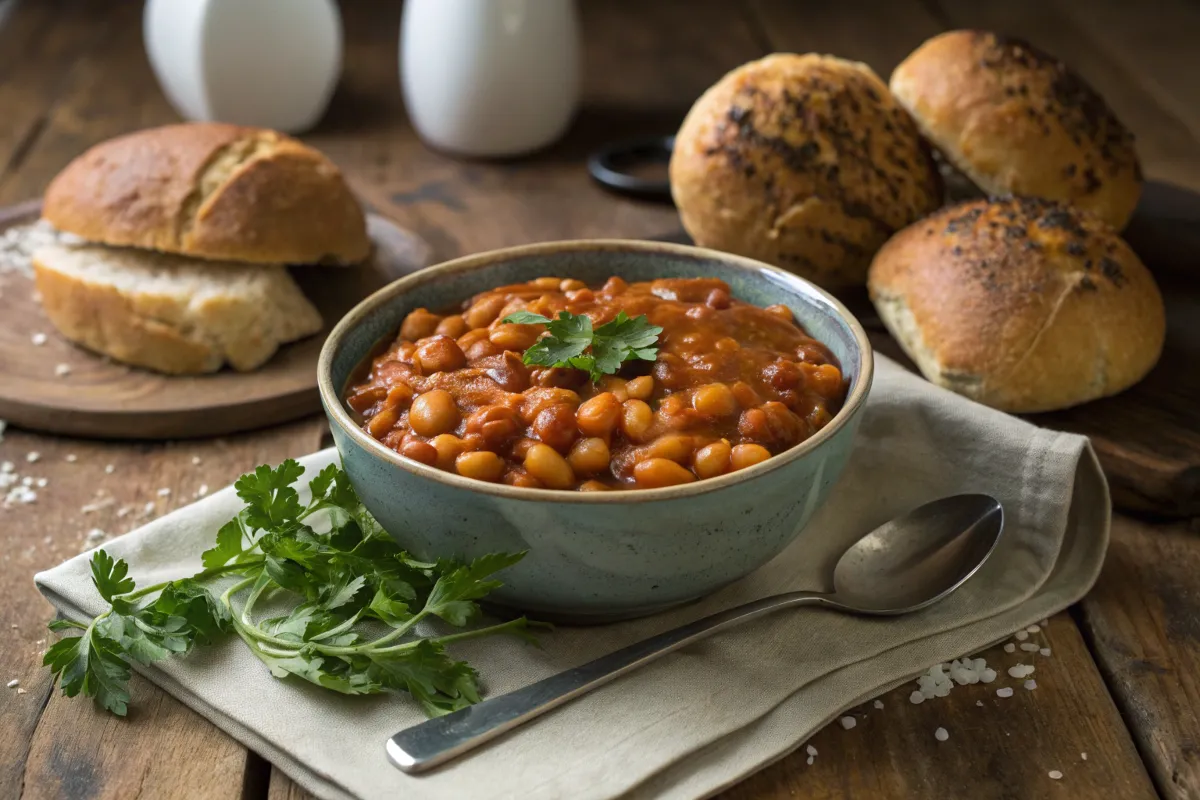 Bowl of baked beans with parsley and bread rolls.