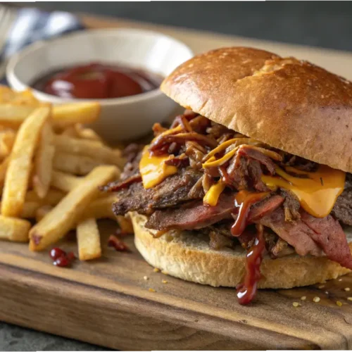 Tender brisket sandwich topped with melted cheese and BBQ sauce on a soft brioche bun.