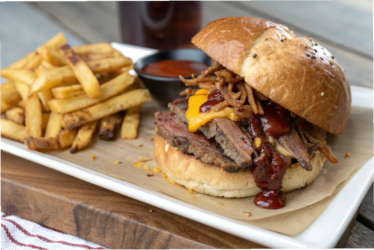 Brisket sandwich with melted cheese and BBQ sauce on a brioche bun.