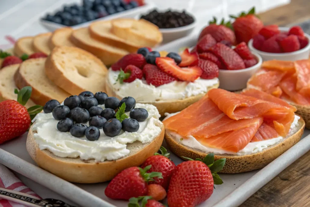 Brunch platter with bagels, cream cheese, and toppings.