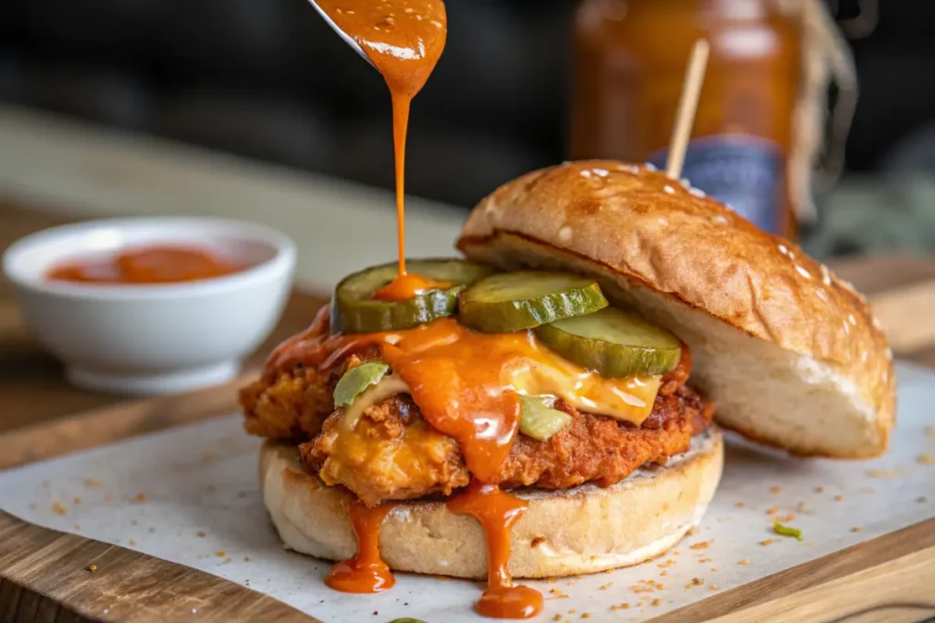 Buffalo Chicken Sandwich being drizzled with hot sauce.