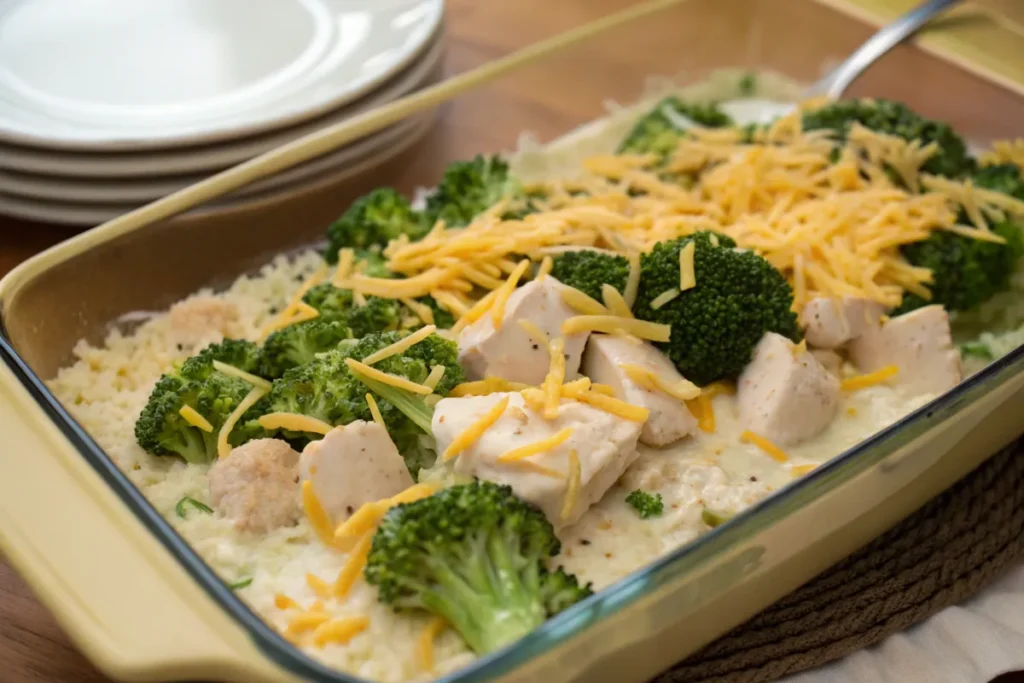 Layering chicken, broccoli, and rice in a casserole dish.