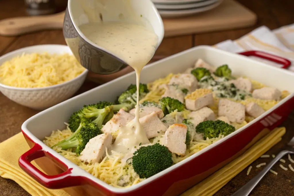 Sauce being poured over chicken, broccoli, and rice in a casserole dish.