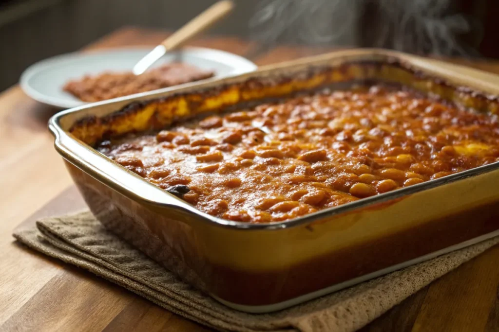 Freshly baked beans in a casserole dish.