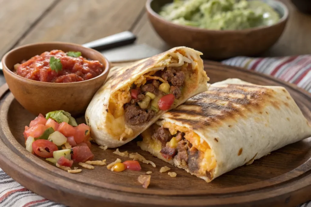 Close-up of a grilled cheese burrito with melted cheese, seasoned beef, and Mexican rice, showcasing its crispy cheese crust and served with salsa and guacamole