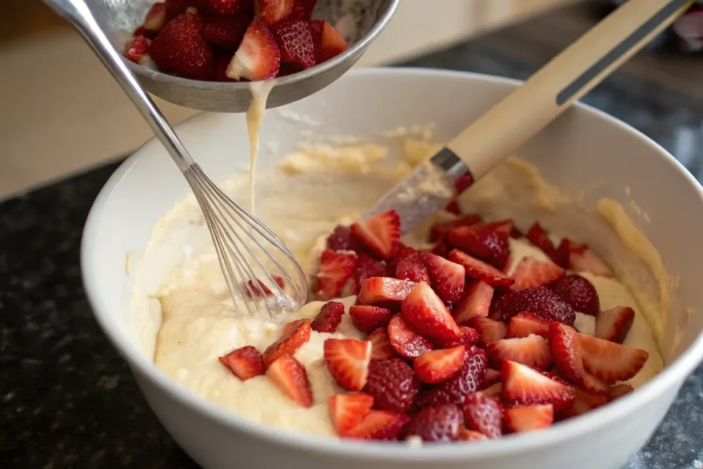 Mixing waffle batter with fresh strawberries