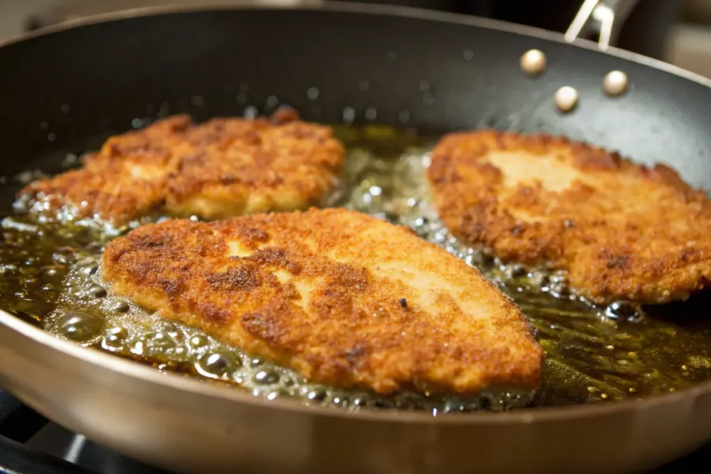 Golden crispy breaded chicken frying in a pan