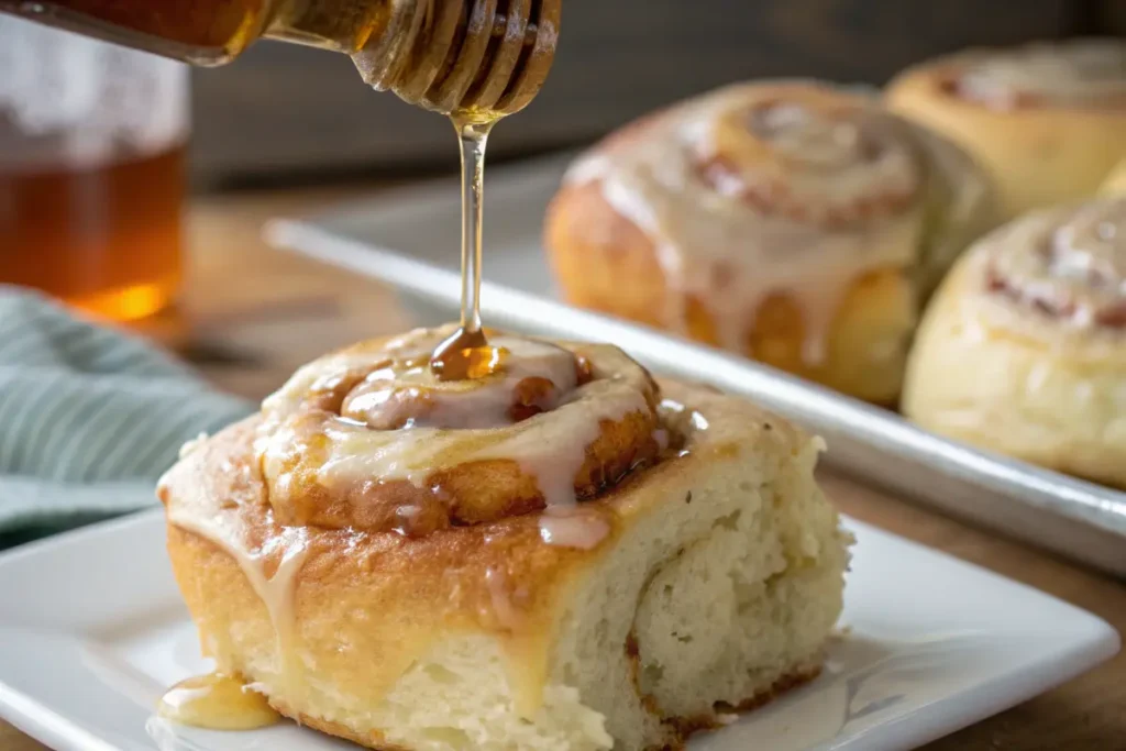 A honey bun being drizzled with a sticky honey glaze.