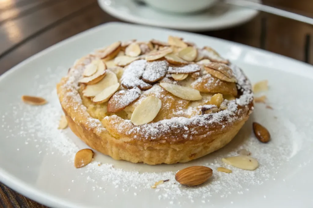 Mandelgipfel with sliced almonds and powdered sugar.