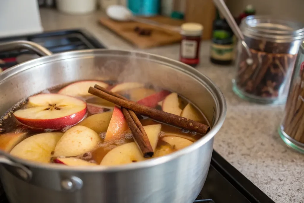 Apples simmering in a pot with cinnamon and water.