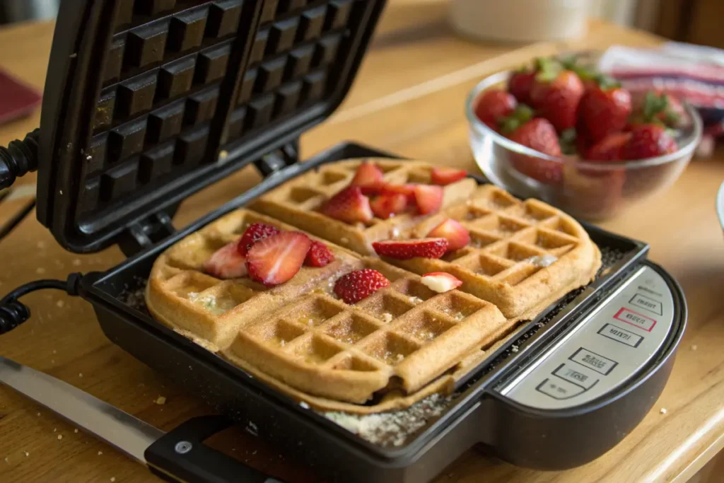 Strawberry waffles cooking in a waffle iron