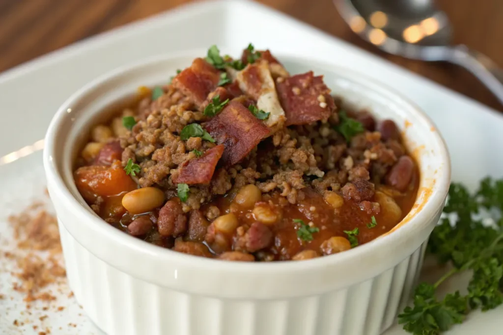 Baked beans with ground beef in a ramekin topped with bacon.