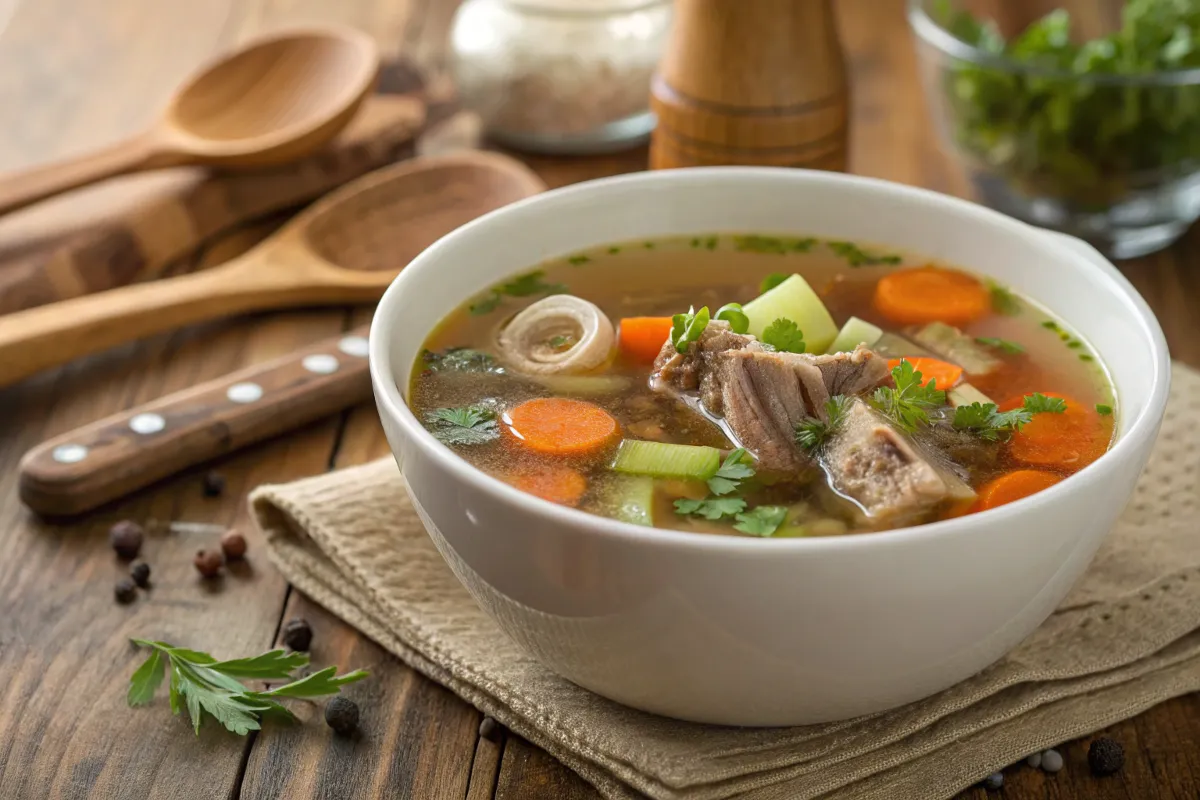 Bone broth soup in a rustic bowl with fresh herbs.